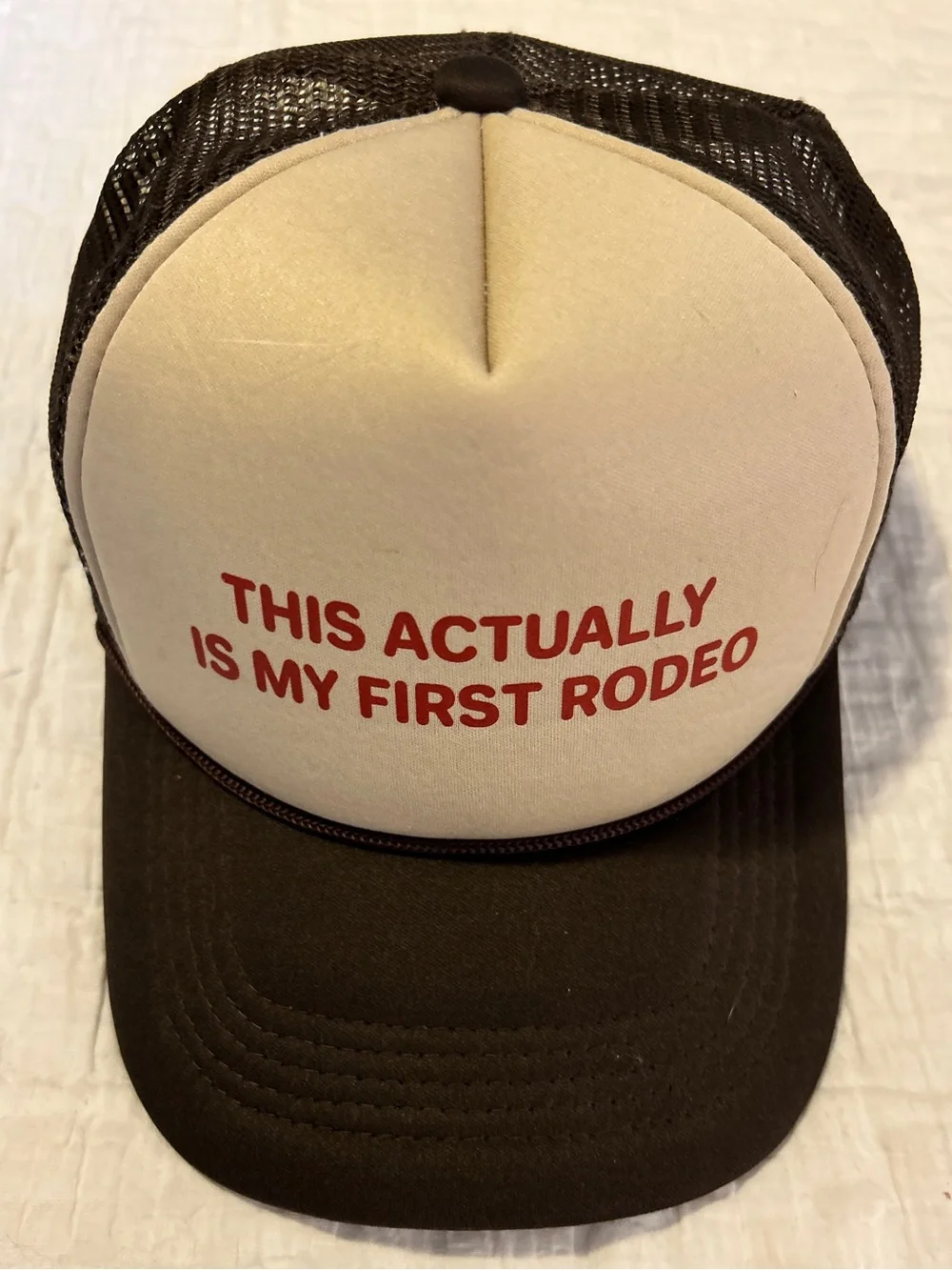 Trucker Hat “This Actually Is My First Rodeo” Snapback Mesh Cap Black & Cream